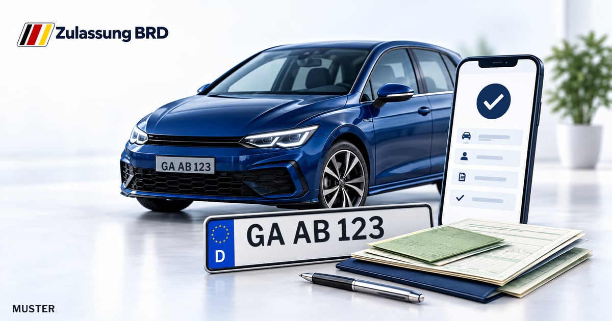 Online Fahrzeugzulassung in Gardelegen: Musterkennzeichen GA AB 123, Auto und Fahrzeugpapiere und Smartphone. Illustration mit Logo von Zulassung BRD.